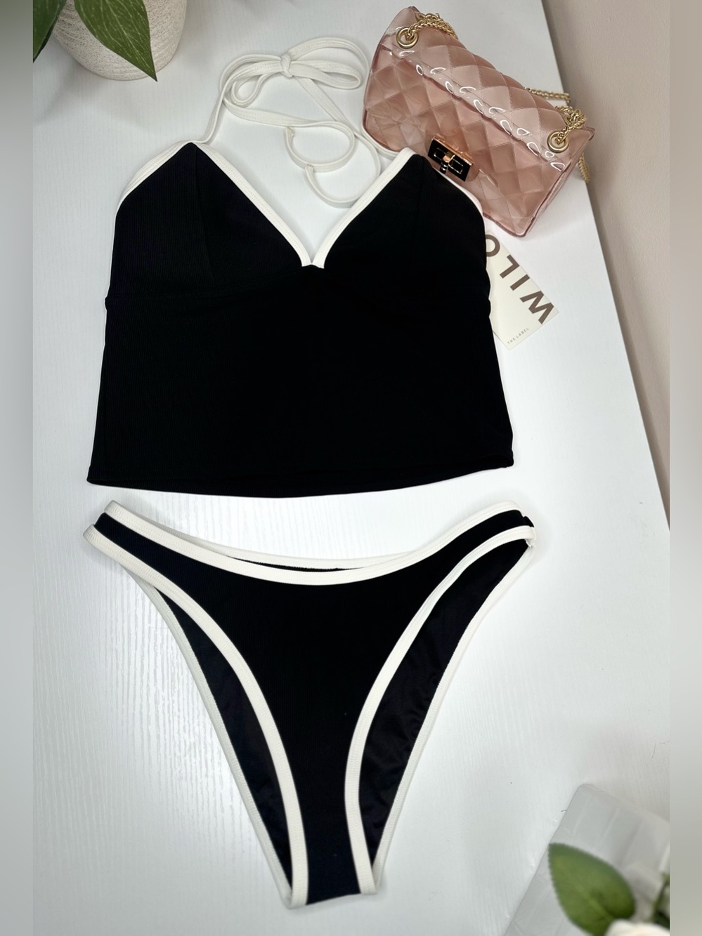 Black & White Contrast Halter Bikini Set